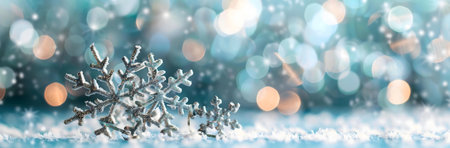 Close-up of a beautiful snowflake on a snowy surface with a bokeh background.の写真素材