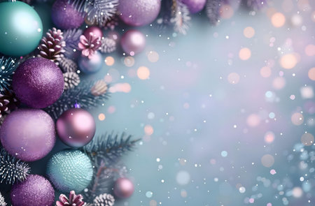 Elegant Christmas ornaments in purple and teal create a festive border. Perfect for winter holidays.の写真素材