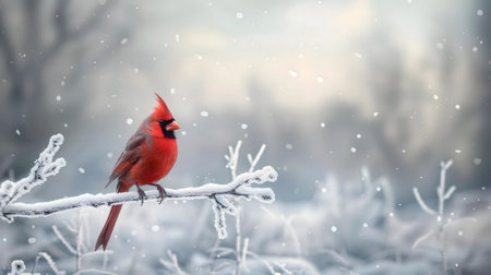 A vibrant red cardinal perched on a snow-covered branch in a winter wonderland. Stunning scene.の写真素材