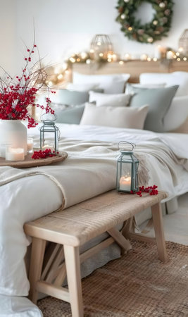 A cozy Christmas bedroom scene with a beautifully decorated bed, featuring lanterns, berries, and candles. The atmosphere is calm and festive.の写真素材