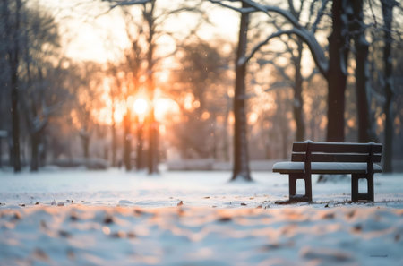 A snow-covered bench sits alone in a winter park as the sun sets, creating a peaceful and serene atmosphere.の写真素材