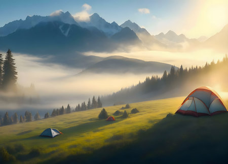 Picturesque sunrise over misty mountain valley with camping tents. Peaceful, serene atmosphere.の写真素材