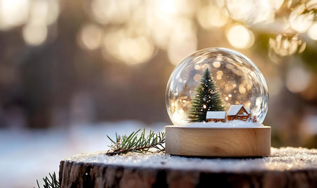 A snow globe showcases a charming winter scene: a snow-covered cabin, a miniature evergreen tree. It sits on a snowy tree stump, creating a magical Christmas atmosphere.の写真素材