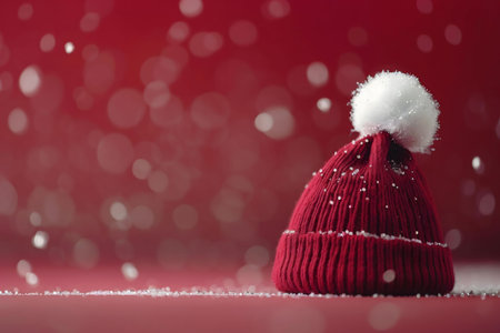 A charming red Santa hat sits on a snowy surface against a red bokeh background. The hat is adorned with glitter, symbolizing Christmas spirit.の写真素材