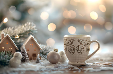 A warm beverage in a festive mug, nestled amongst miniature houses and snowy scenery. Perfect Christmas ambience.の写真素材