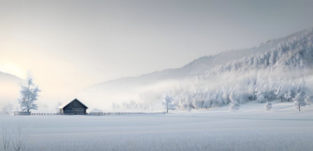 A solitary cabin sits in a snow-covered valley, surrounded by frosted trees and mountains. The scene is peaceful and serene.の写真素材