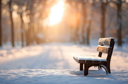 A snow-covered wooden bench sits alone in a winter forest at sunrise. The scene is peaceful and serene.の写真素材