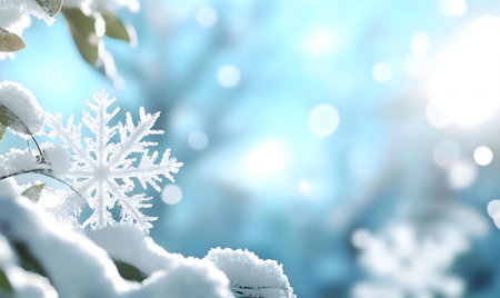 A close-up view of a single, perfect snowflake resting on a snow-covered branch. The scene is bathed in soft, winter sunlight.の写真素材