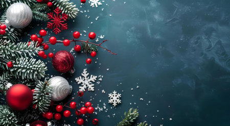 Red and silver Christmas decorations, including ornaments, berries, and snowflakes on a teal background.の写真素材