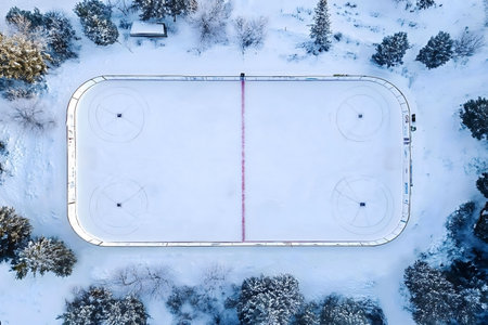 An aerial shot of an outdoor hockey rink covered in snow during winter. The rink is surrounded by...