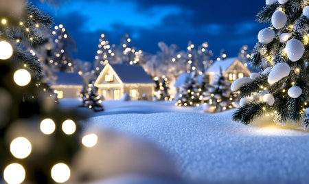 A picturesque winter village at night, covered in snow, illuminated by twinkling lights, creating a magical Christmas atmosphere.の写真素材
