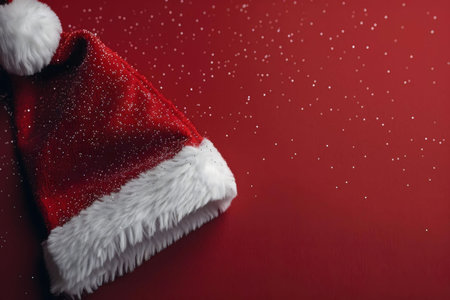 A red Santa hat with white fur trim, sprinkled with glitter, rests on a red background with falling glitter effect, creating a festive Christmas image.の写真素材