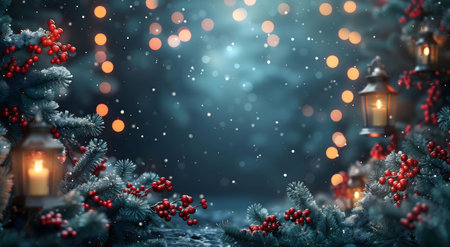 A magical winter night scene with glowing lanterns, snow falling softly, and festive berries adorning branches.の写真素材
