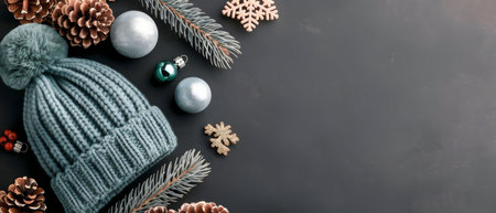 A stylish winter scene with a cozy hat and festive ornaments