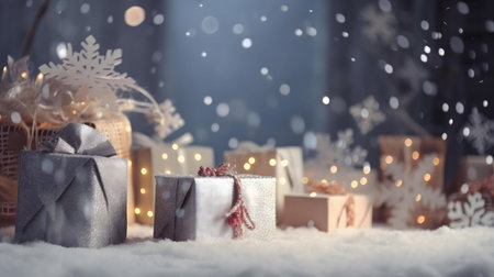 Silver and gold Christmas gifts in the snow, illuminated by warm lights and snowflakes fallingの写真素材