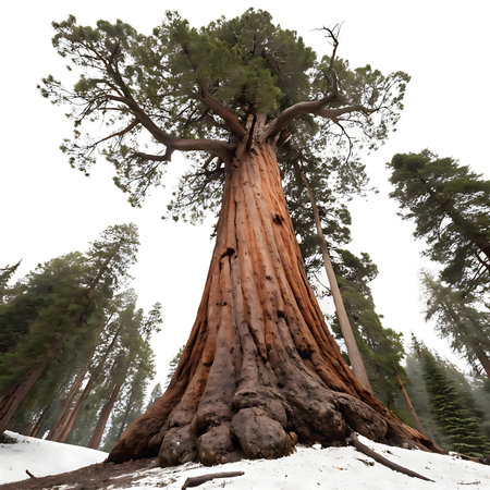 A colossal Sequoia tree stands tall, covered in snow. Winter wonderland.の写真素材