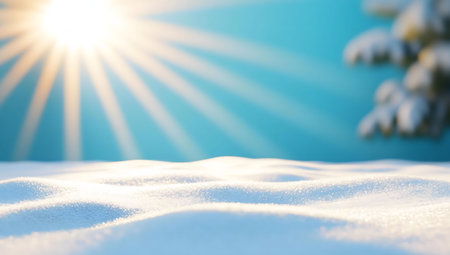 A stunning winter scene with sunbeams illuminating a pristine snow landscape.の写真素材