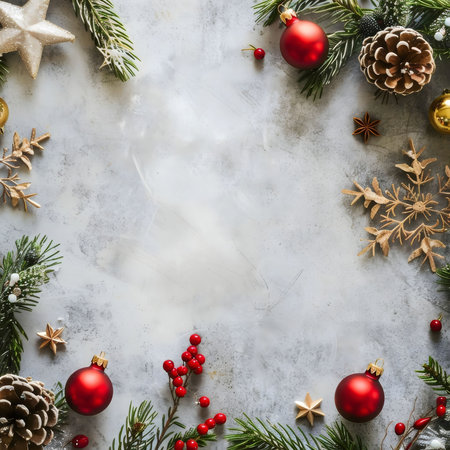 Festive Christmas background with red and gold ornaments, pine cones, and winter berries. Perfect for holiday cards or invitations.の写真素材
