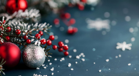Close-up of Christmas ornaments, fir branches, snow, and berries, creating a festive and joyful winter scene.の写真素材