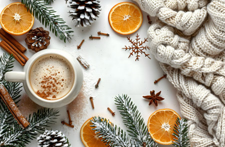 A heartwarming winter scene with a mug of hot cocoa, surrounded by cozy elements like a knitted...