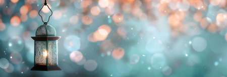 A hanging lantern casts a warm glow against a dreamy, bokeh-filled background. The scene evokes...