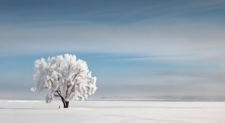 A single tree, covered in frost, stands in a vast snowy field under a clear winter sky.の写真素材