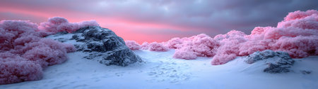 Pink frosted trees adorn a snowy mountain landscape at sunset. Serenity and magic fill the scene.の写真素材