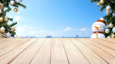 Happy snowman with Christmas ornaments on wooden surface against a winter sky. Perfect for festive greeting cardsの写真素材