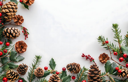 Festive Christmas border of pine cones, holly, and berries on a white background.の写真素材