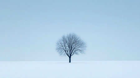 A single, bare tree stands alone in a vast, snowy field under a pale blue sky. The scene evokes a sense of peace and solitude.の写真素材