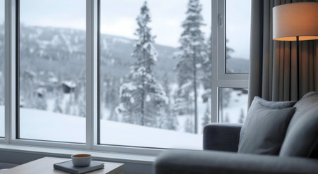 Relaxing winter scene viewed from a comfortable apartment. Snowy mountains, cozy interior.の写真素材