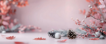 A peaceful winter scene with delicate pink and silver accents. Perfect for holiday decorations.の写真素材