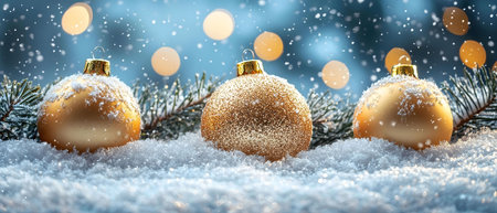 Three glistening golden ornaments rest on a bed of fresh snow, surrounded by pine branches and...