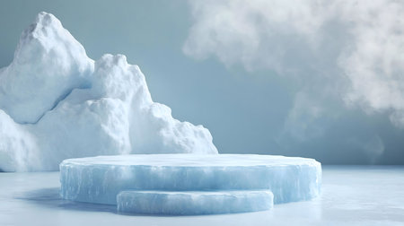A serene winter scene showcasing an icy platform in a frosty landscape. Perfect for product displays.の写真素材