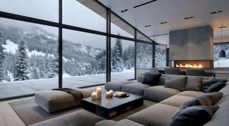 Cozy modern living room with fireplace and breathtaking snowy mountain views