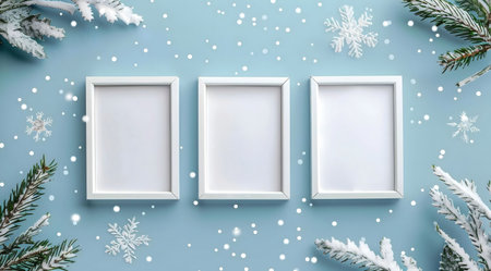 Three white frames on a blue background with snow and pine branches. Perfect for Christmas and winter holiday designs.の写真素材