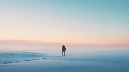 A solitary figure walks across a vast, snow-covered plain under a soft pastel sky. The image evokes feelings of peace and tranquility.の写真素材
