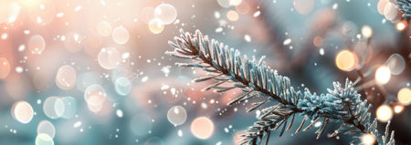 A frost-covered pine branch during a snowfall, creating a magical winter scene.