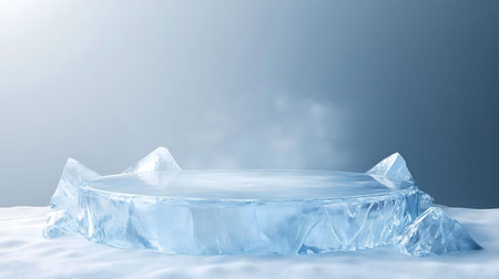 An icy platform sits on top of a snowy surface. A perfect winter display.の写真素材