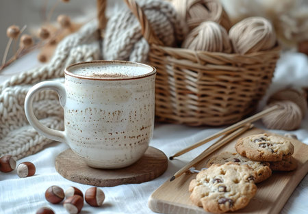 A warm mug of coffee, surrounded by cozy knitted items, homemade cookies and hazelnuts. Perfect...