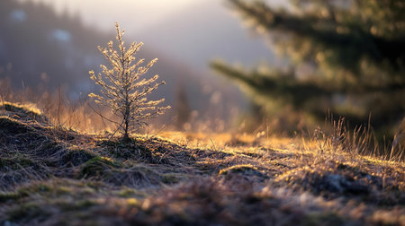 A single young tree stands in a field bathed in golden sunlight during sunset. Peaceful and tranquil...