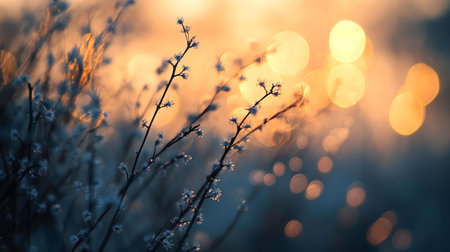 Serene sunset landscape, showing the beauty of nature's golden hour. Plants and bokeh effects.の写真素材