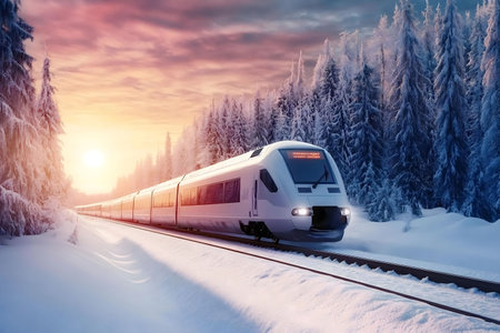 A modern train speeds through a snowy forest at sunset. The scene is serene and peaceful.の写真素材