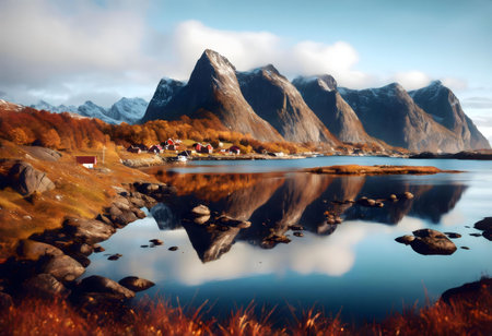 Stunning autumnal reflection of mountains and a village in Lofoten Islands, Norway.の写真素材