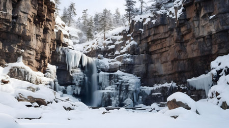 A breathtaking frozen waterfall cascades down snow-covered canyon walls. Winter wonderland scene.の写真素材