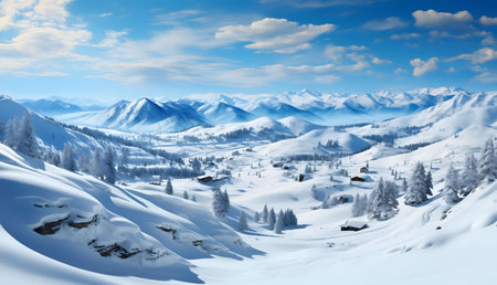 A stunning winter wonderland in the Alps. Snow-covered mountains, a charming village, and a serene atmosphere.の写真素材