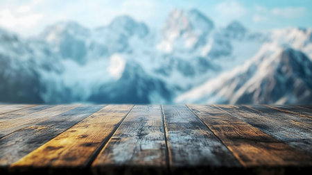 A rustic wooden table overlooks snow-covered mountains. Perfect for showcasing products or creating...