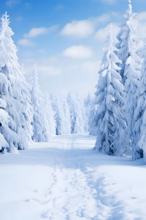 A picturesque winter scene, a snowy path winds through a snow-covered forest. Serene and peaceful.の写真素材