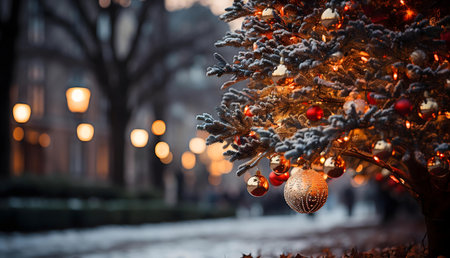 A beautifully decorated Christmas tree stands in a snow-covered city street at night, creating a magical winter wonderland atmosphere.の写真素材