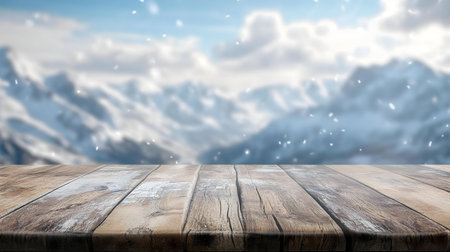 A rustic wooden tabletop set against a stunning, out-of-focus backdrop of snow-covered mountains under a winter sky. Perfect for product display.の写真素材